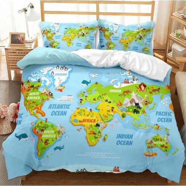 Land Ocean World Map Quilt Duvet Cover Set Bedspread Super Children3-Piece Bedding Set