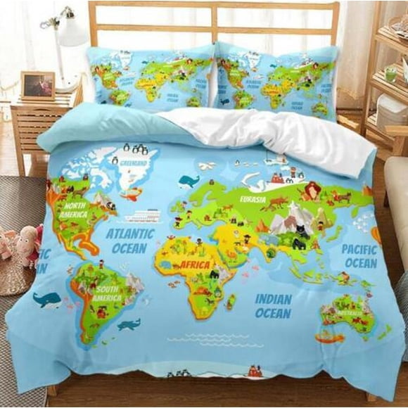 Land Ocean World Map Quilt Duvet Cover Set Bedspread Super Children3-Piece Bedding Set
