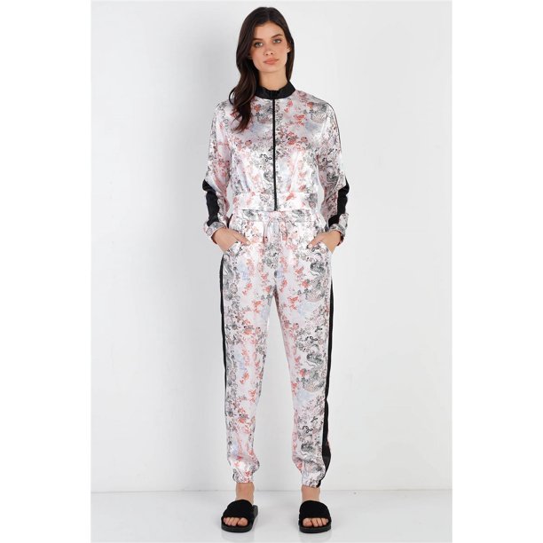 Conjunto De Chaqueta Y Pantalón Con Cremallera Y Estampado Multicolor Con Efecto Satinado En Contraste Negro