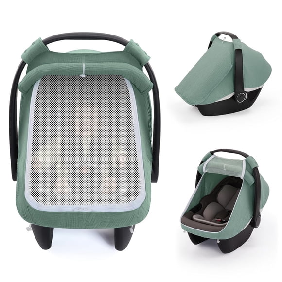 Blissful Diary Muslin Baby Car Seat Cover, Infant Canopy, Roman Green