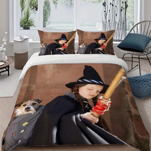 3pcs The Worst Witch Girl And Puppy Halloween Theme Print Three Piece Bedding Set Soft Duvet Cover And Two Pillowcases