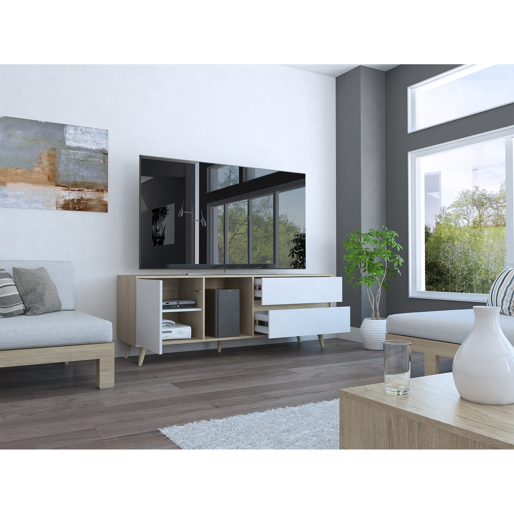 Tuhome - Rack Tv 60" 1 Puerta 2 Cajones Acacia58,4x158,4x45,6 Cm Rovere Y Blanco