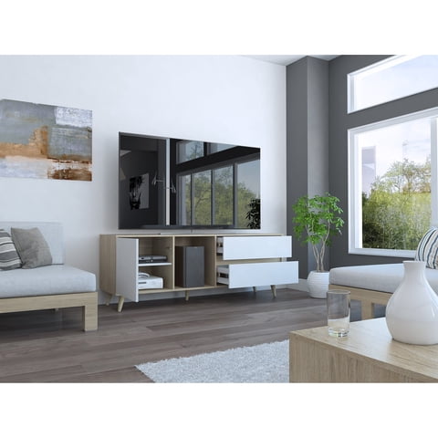 Tuhome - Rack Tv 60"" 1 Puerta 2 Cajones Acacia58,4X158,4X45,6 Cm Rovere Y Blanco