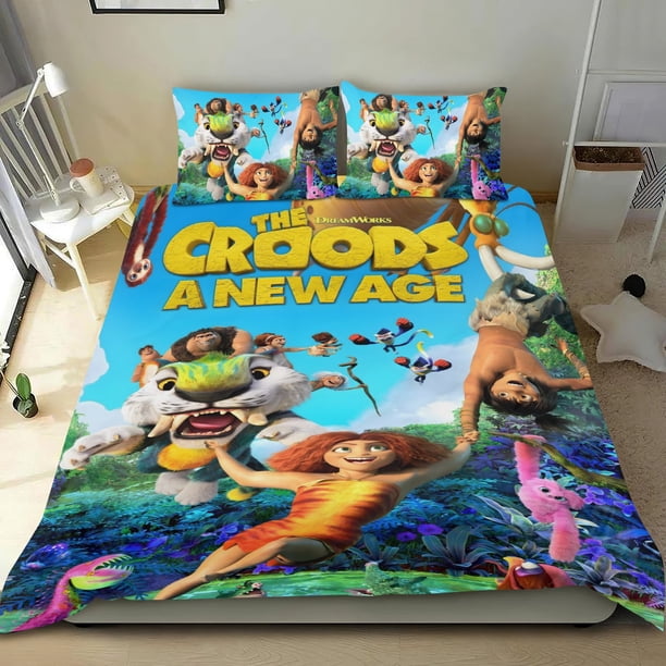 Los Croods Conjunto de sábanas temático, trío de piezas, cómodo y amigable con la piel, diseño único, regalo de decoración para el hogar para familiares, amigos y fans,135cm *200cm