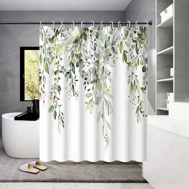1pc Watercolor Green Sage Leaves Shower Curtain - Soft Fabric with Eucalyptus and Floral Design for a Relaxing Bathroom Experience