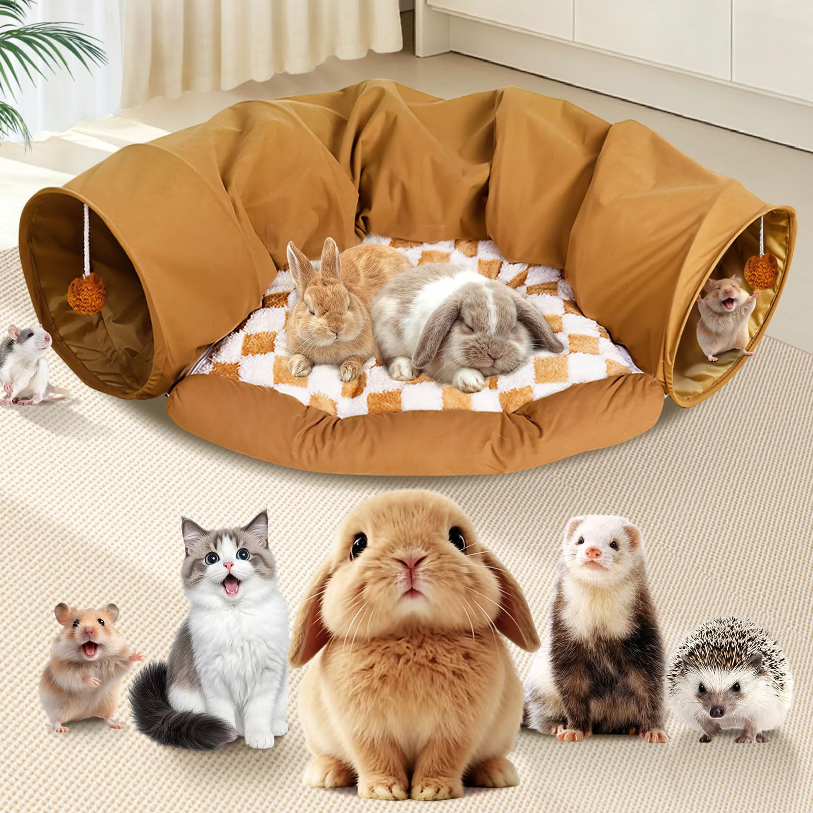 Cama túnel para conejos Spardar 120 cm caqui con colchón extraíble