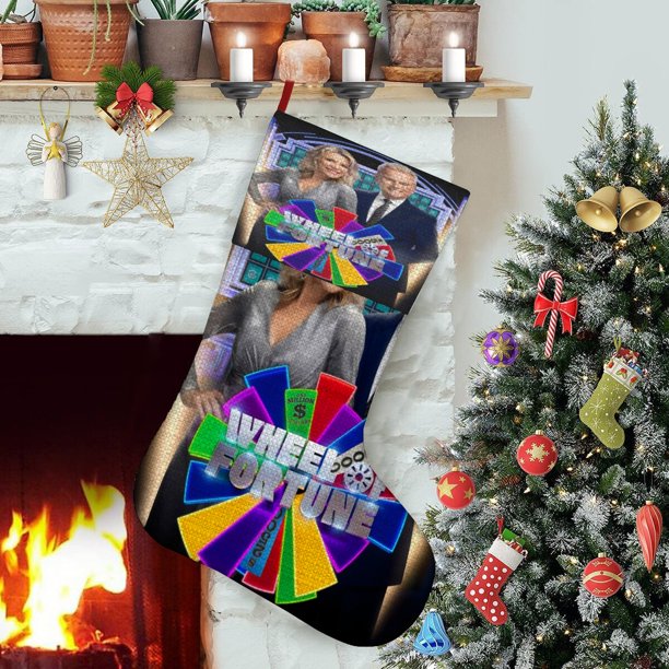 La Rueda de la Fortuna Tema: Calcetines de Navidad, fino lino blanco para colgar en escaleras y chimenea, decoración navideña para el hogar, regalo de Navidad. 45cm × 32cm