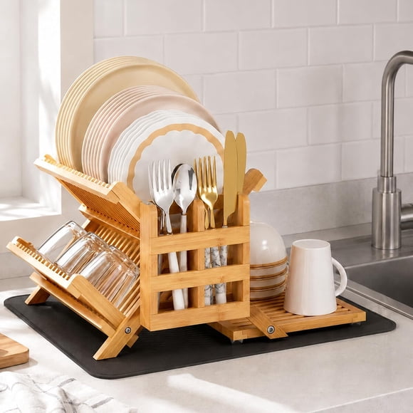 Escurridor de platos Greenual de bambú con porta cubiertos