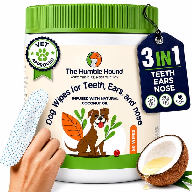 Toallitas dentales para perros The Humble Hound 3 en 1 con aceite de coco, 50 unidades