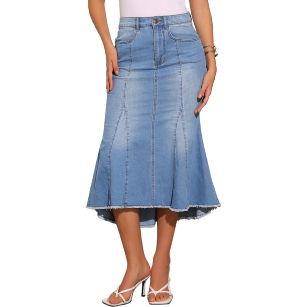 INSPIRE CHIC Falda Midi de Mezclilla Lavada con Cola de Pescado de Cintura Alta con Dobladillo Crudo de Moda Casual con Bolsillos para Mujer Regreso a Clases M Azul Claro