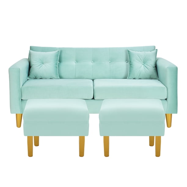 Sofa New Retro 3c + 2 Pouf Felpa 01 Verde Agua