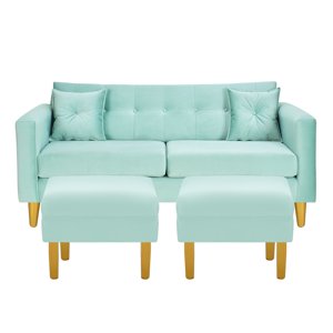 Bodevir - Sofa New Retro 3C + 2 Pouf Felpa 01 Verde Agua