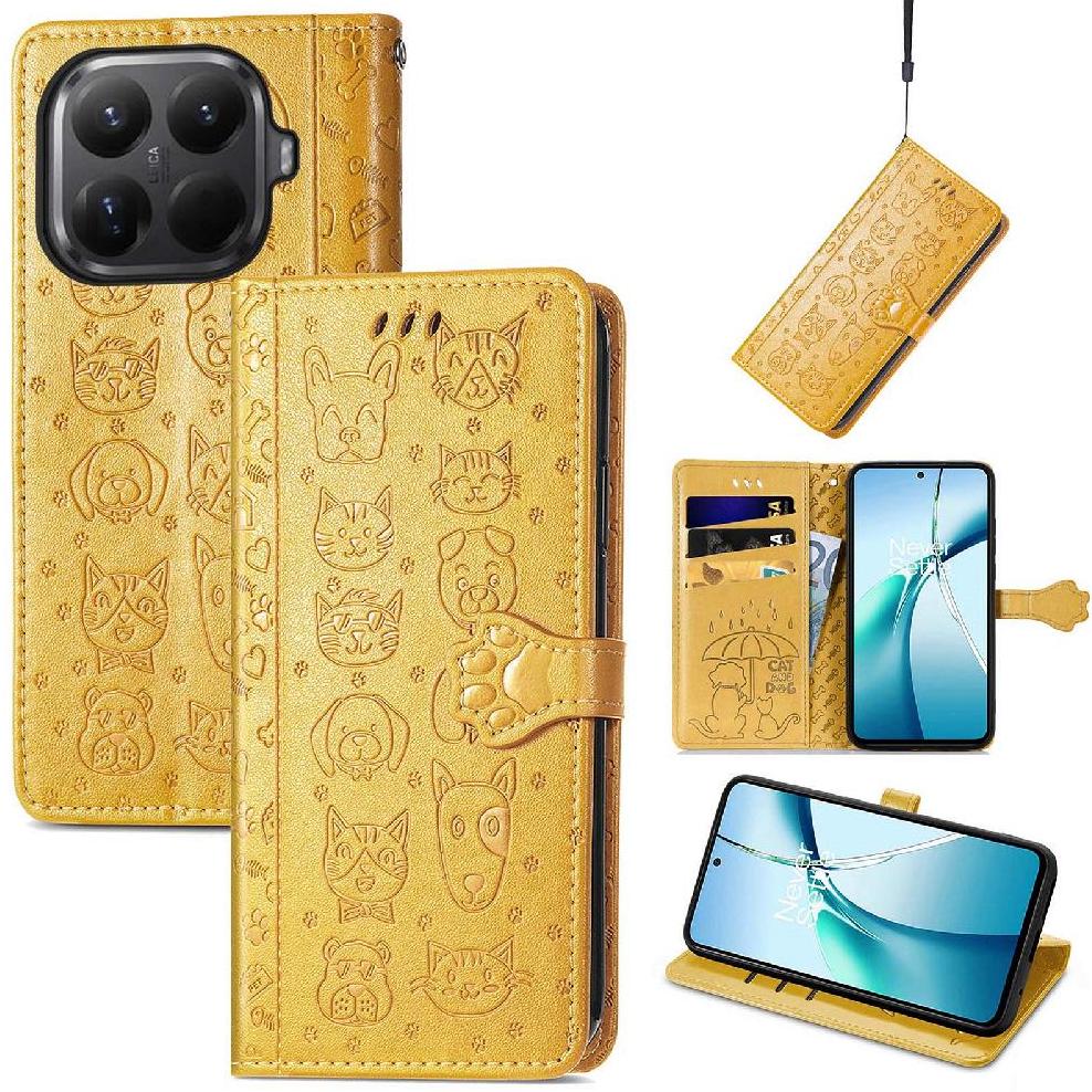 Funda Cartera Foxdock Para Xiaomi 15T , Flip Pu Con Relieve De Gatos Y Perros, Tarjetero Y Soporte