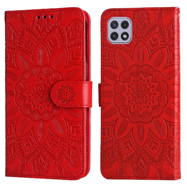 Funda tipo cartera FOXDOCK para Samsung Galaxy A22 5G , diseño girasol en relieve, cuero PU, cierre magnético, soporte y tarjetero
