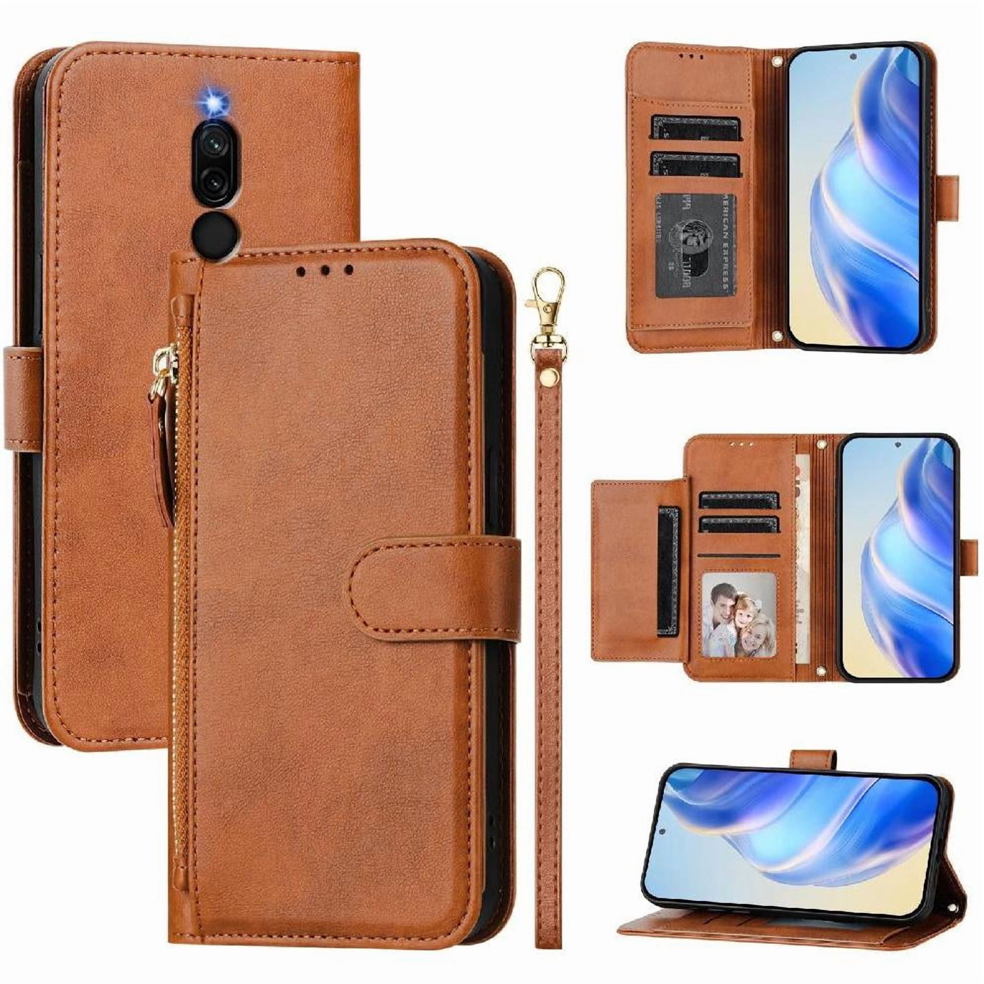 Foxdock - Funda Tipo Billetera Para Xiaomi Rojomi 8a/rojomi 8 Con Cremallera Portatarjetas Soporte Correa De Muñeca Cuero Marrón