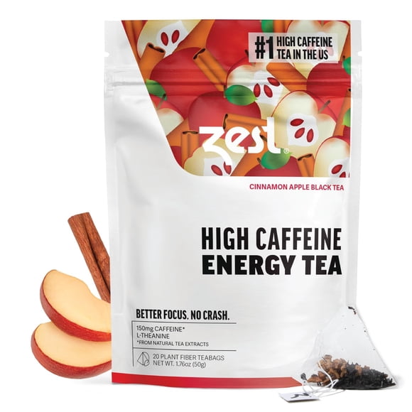 Energy Tea Zest, canela, manzana y especias con alto contenido de cafeína, paquete de 20 unidades
