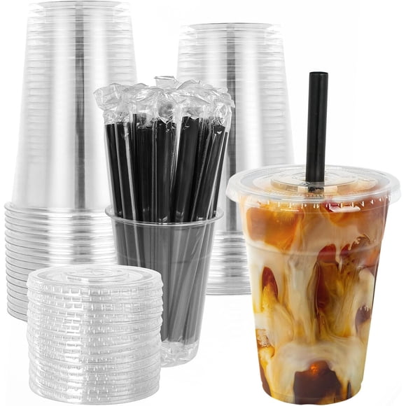 LUCDNC Vasos transparentes desechables de plástico de 16 oz con tapas y bombillas