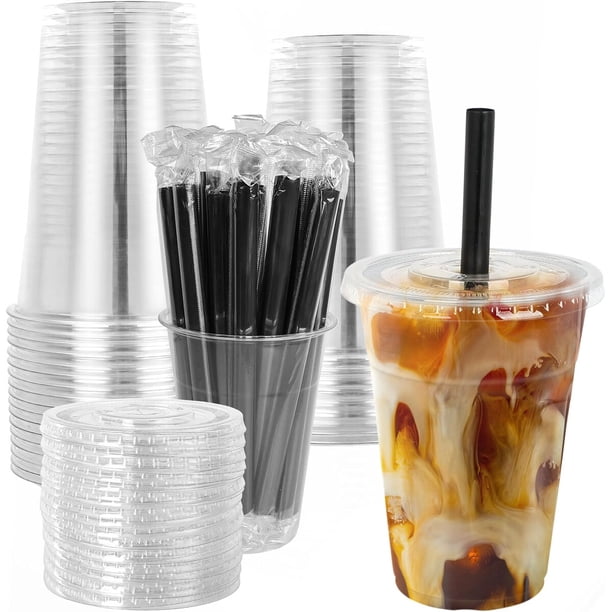 LUCDNC Vasos transparentes desechables de plástico de 16 oz con tapas y bombillas