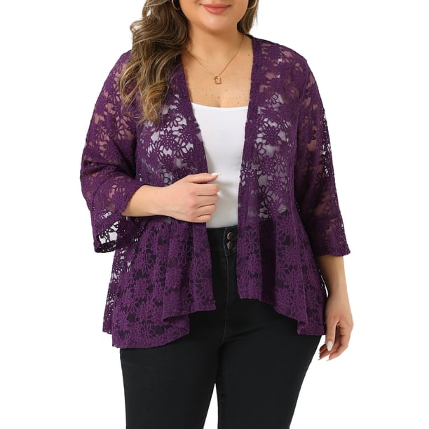 Agnes Orinda Trajes de Halloween para Mujeres Tallas Grandes Cárdigans de Escuela Colegio Abiertos al Frente Mangas 3/4 Acampanadas Encaje Transparente Floral Cubierta Bolero Chalecos 1X Púrpura