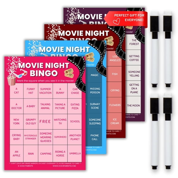 Bingo para Noche de Película XOXO Parents, set de 4 tarjetas reutilizables