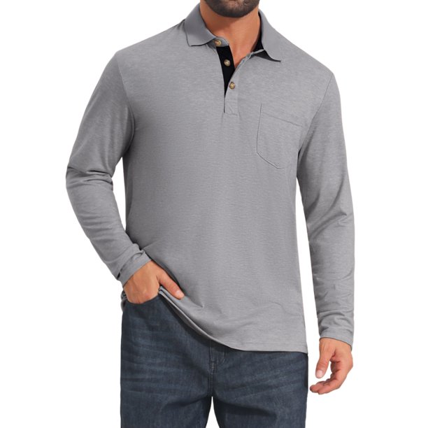 INSPIRE CHIC Camisetas de Polo de Golf para Hombre con Botones de Contraste, Cuello con Bolsillo y Mangas Largas S Gris Claro