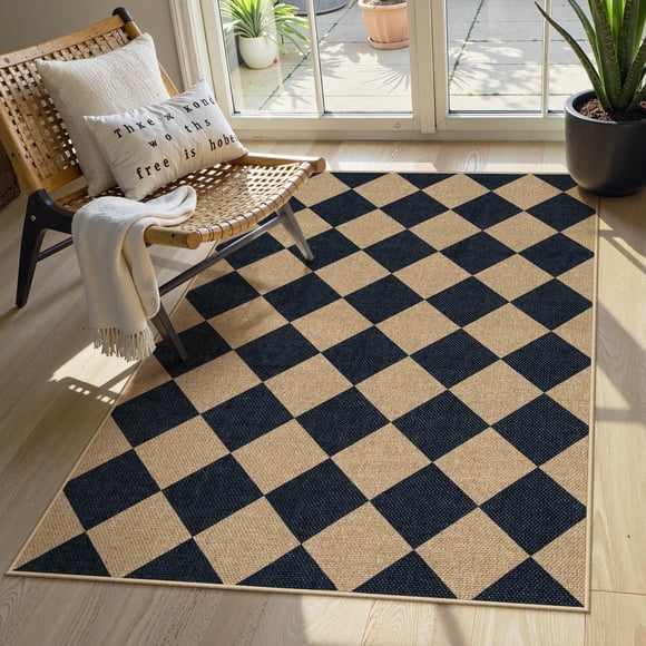Alfombra Lahome para patio exterior, yute fácil, a cuadros, 91 x 152 cm