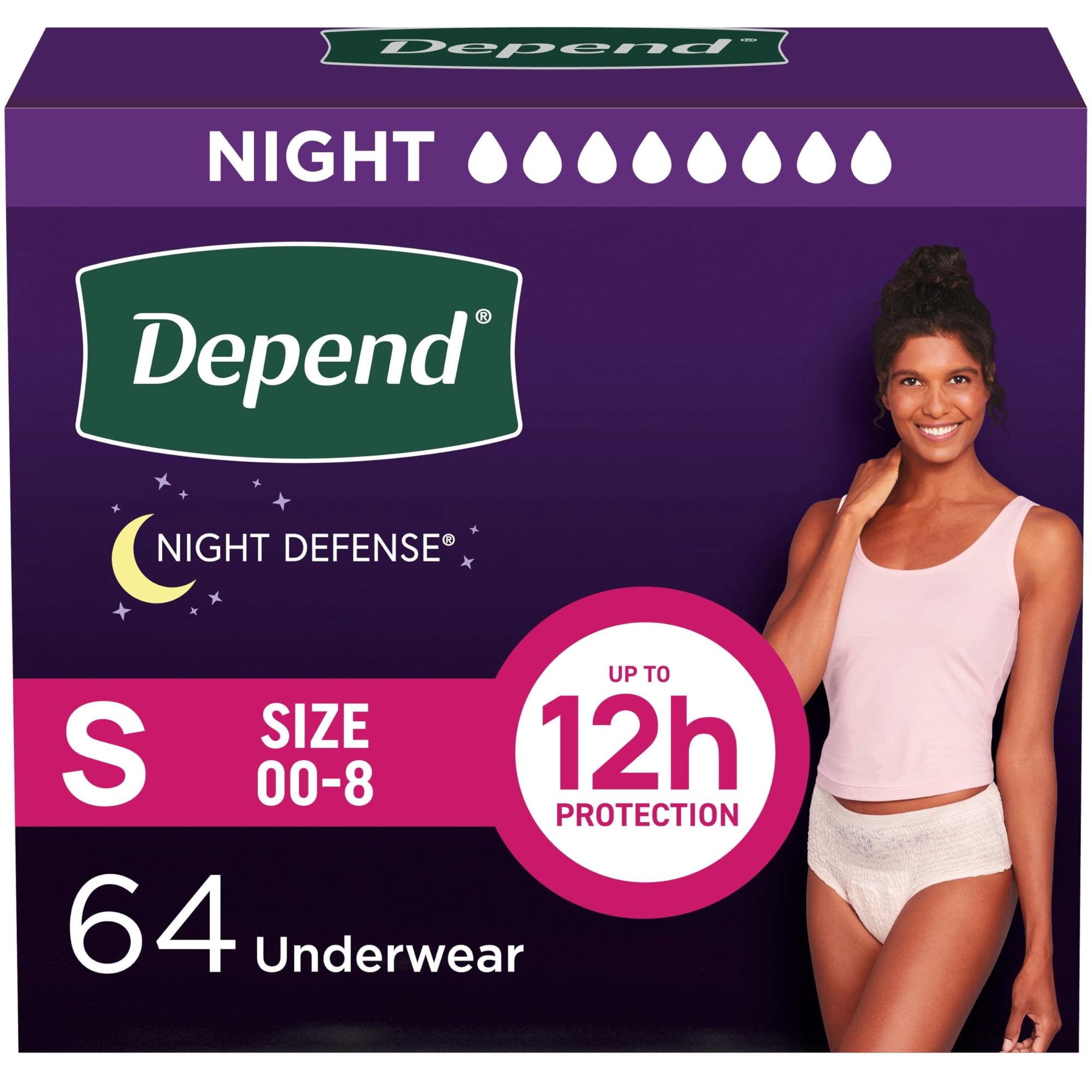 Ropa Interior Para Incontinencia Depend Night Defense Para Mujer, Talla Pequeña, 64 Pulgadas