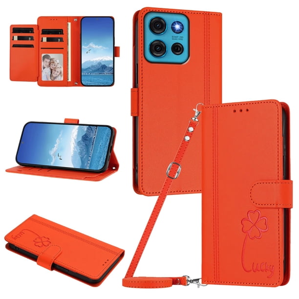 Funda Cartera Trébol para Motorola Moto G75 5G con Ranuras Tarjetas y Carga Inalámbrica Naranja