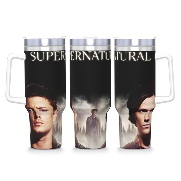 Sobrenatural Vaso aislado de acero inoxidable con asa, diseño temático, regalo para familia, amigos y fans; incluye pajita y encaja en el portavasos estándar, 40 oz