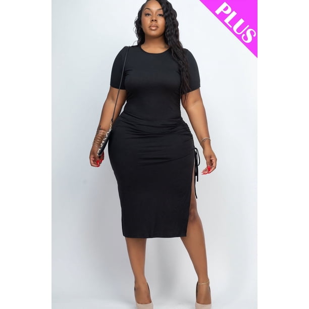 Vestido Midi Curvy con Cordón y Abertura Lateral Fruncido