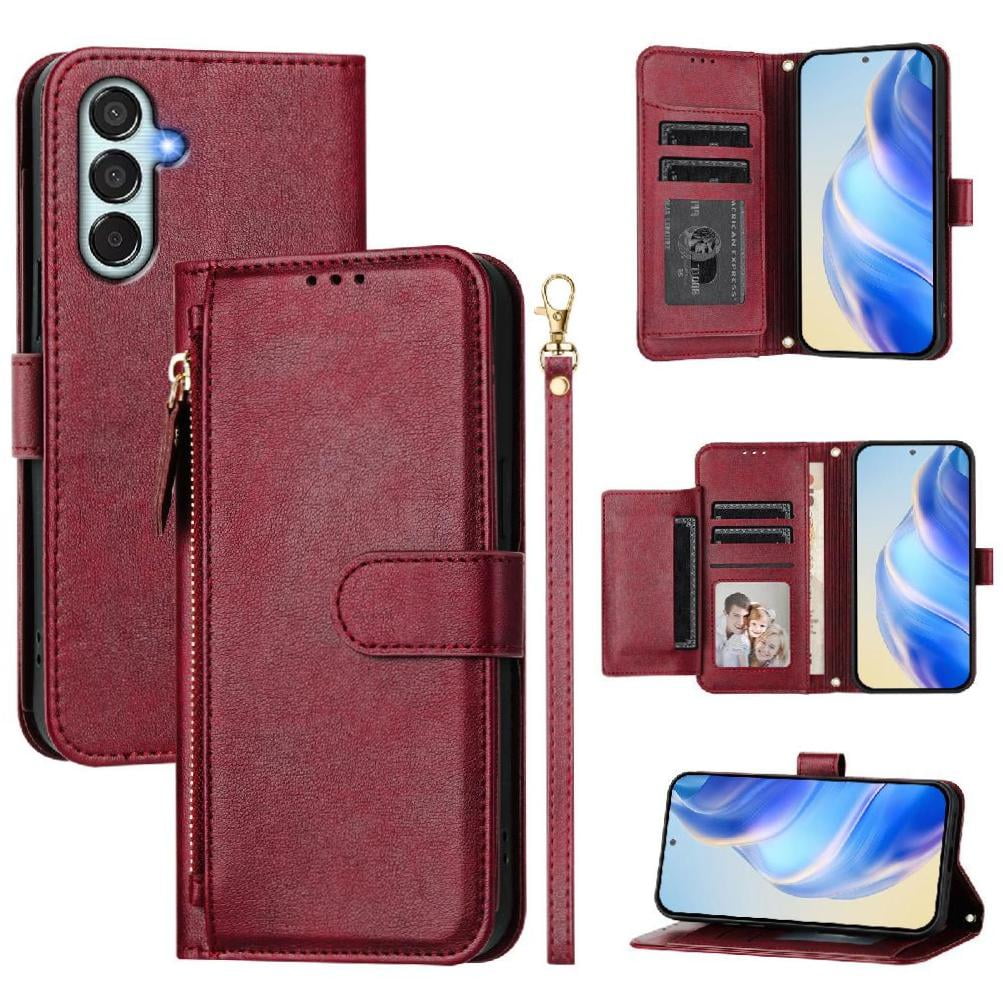 Funda Tipo Billetera para Samsung Galaxy M15 5G con Cremallera Portatarjetas Soporte Correa de Muñeca Cuero Rojo