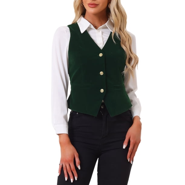 INSPIRE CHIC Chaleco de Mujer Steampunk de Terciopelo de Navidad sin Mangas con Botones Abajo Cuello en V Chalecos de Traje Verde Oscuro S