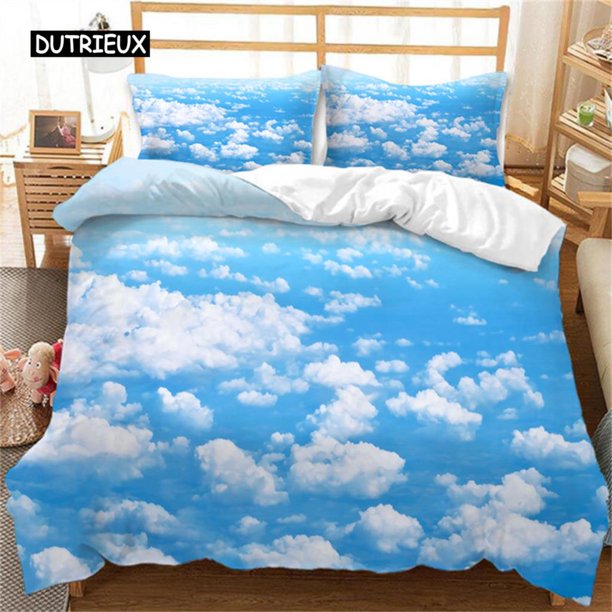 x2029 Bed SheetsBlue Sky White Clouds Duvet Cover Microfiber Natural Scenery Flowers Bedding Set Animal Bird Comforter Cover for Bedroom Decor 3-Piece Bedding Set (1 Duvet Cover + 2 Pillow Shams) nj20