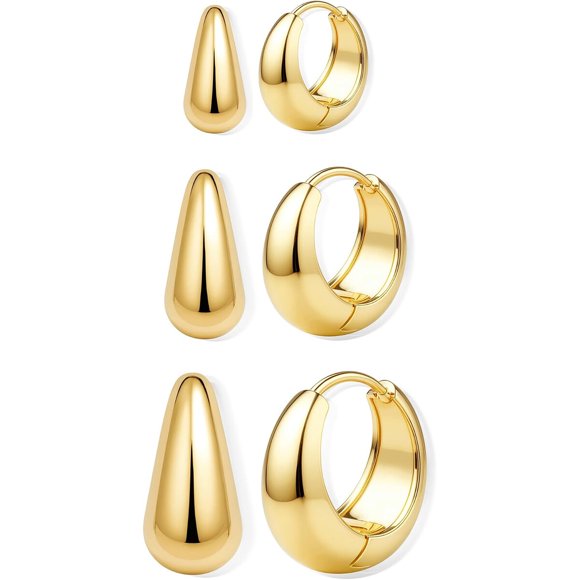 BESTEEL Set de 3 pares de aros tipo argolla pequeños de oro de 14 quilates para mujer