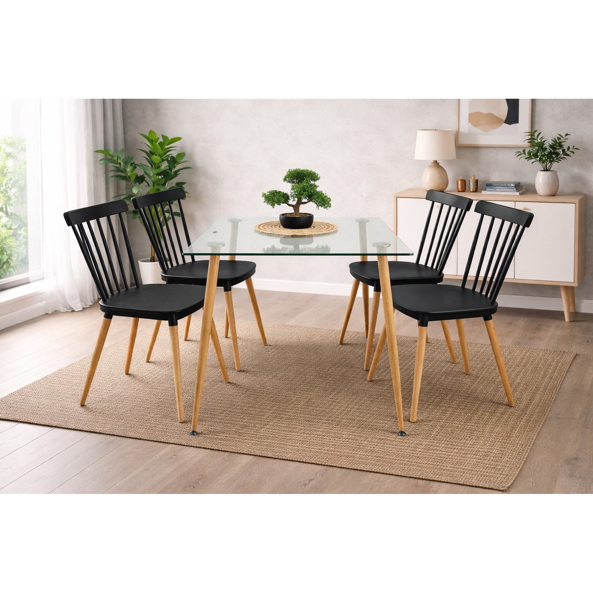 Vitelio - Comedor Mesa De Vidrio 120x80 + 4 Sillas Windsor Negras