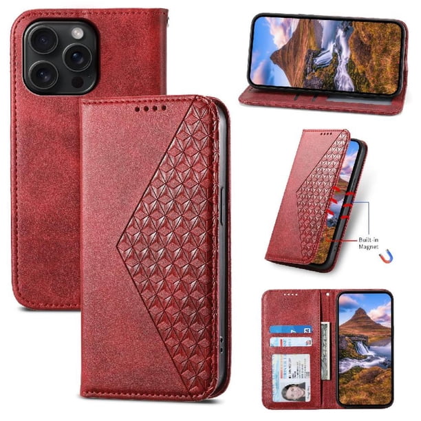 Funda Flip FOXDOCK para iPhone 15 Pro Max , Estilo Billetera con Diseño Rombo, Correa de Mano y Soporte, Uso Diario