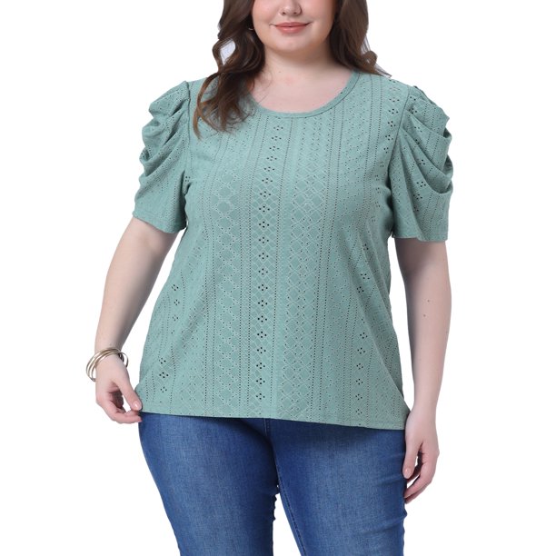 Agnes Orinda Blusas Casuales para Mujer de Talla Grande con Bordado de Ojal, Mangas Abullonadas y Cuello Redondo, Talla 4X Verde