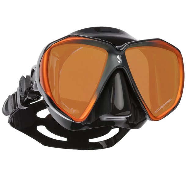 Máscara de buceo SCUBAPRO Spectra con lentes duales espejados y bolsillo de nariz EZ Equalize, negro/bronze