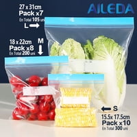 Aileda Con Cierre Hermético Para Alimentos 15.5X17.5Cm（S）, 18X22Cm (M) , 27X31Cms (L) En Total 25 Paquetes （Talla S Pequeña: 10 Bolsas, Talla M Mediana: 8 Bolsas, Talla L Grande: 7 Bolsas）