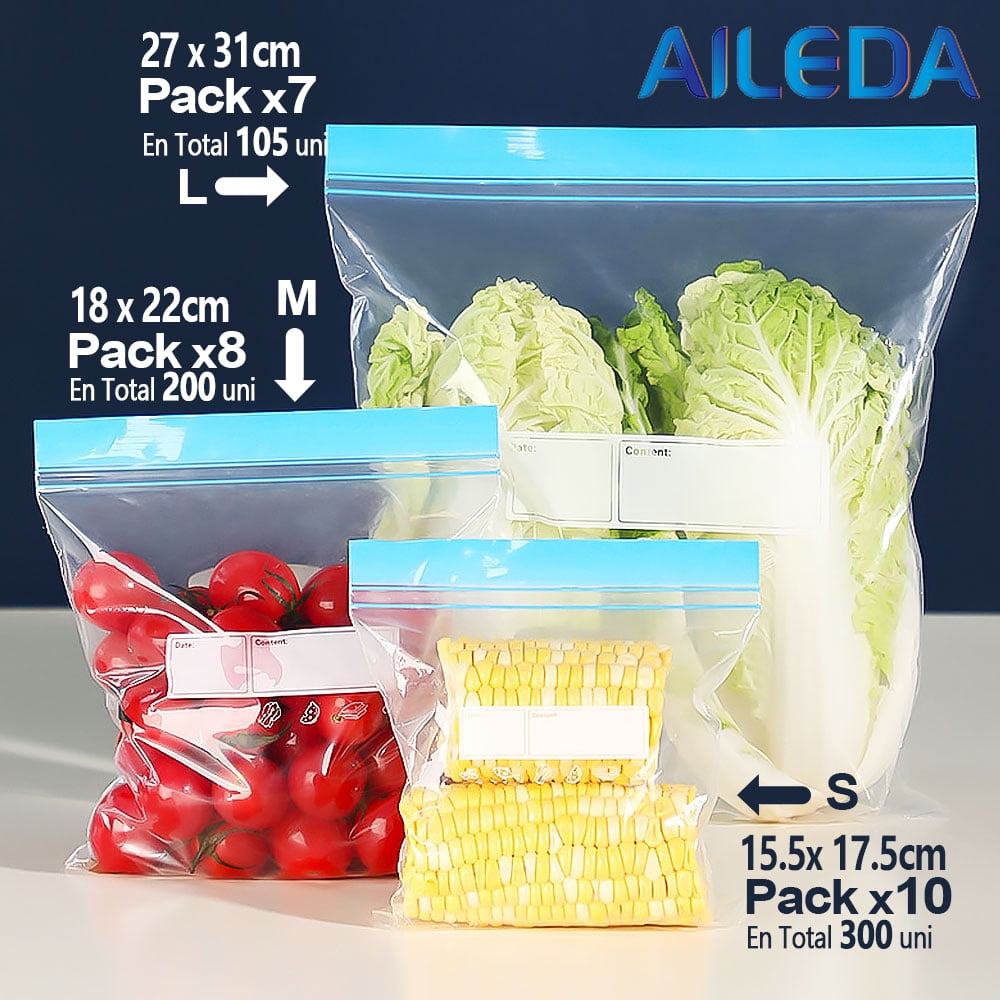 Aileda Con Cierre Hermético Para Alimentos 15.5x17.5cm（s）, 18x22cm (m) , 27x31cms (l) En Total 25 Paquetes （talla S Pequeña: 10 Bolsas, Talla M Mediana: 8 Bolsas, Talla L Grande: 7 Bolsas）