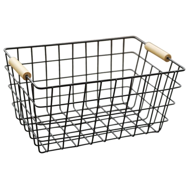 Cesta De Almacenamiento De Alambre Portátil Con Mango De Madera Para Oficina, Sala De Estudio, Aperitivos, Color Negro L