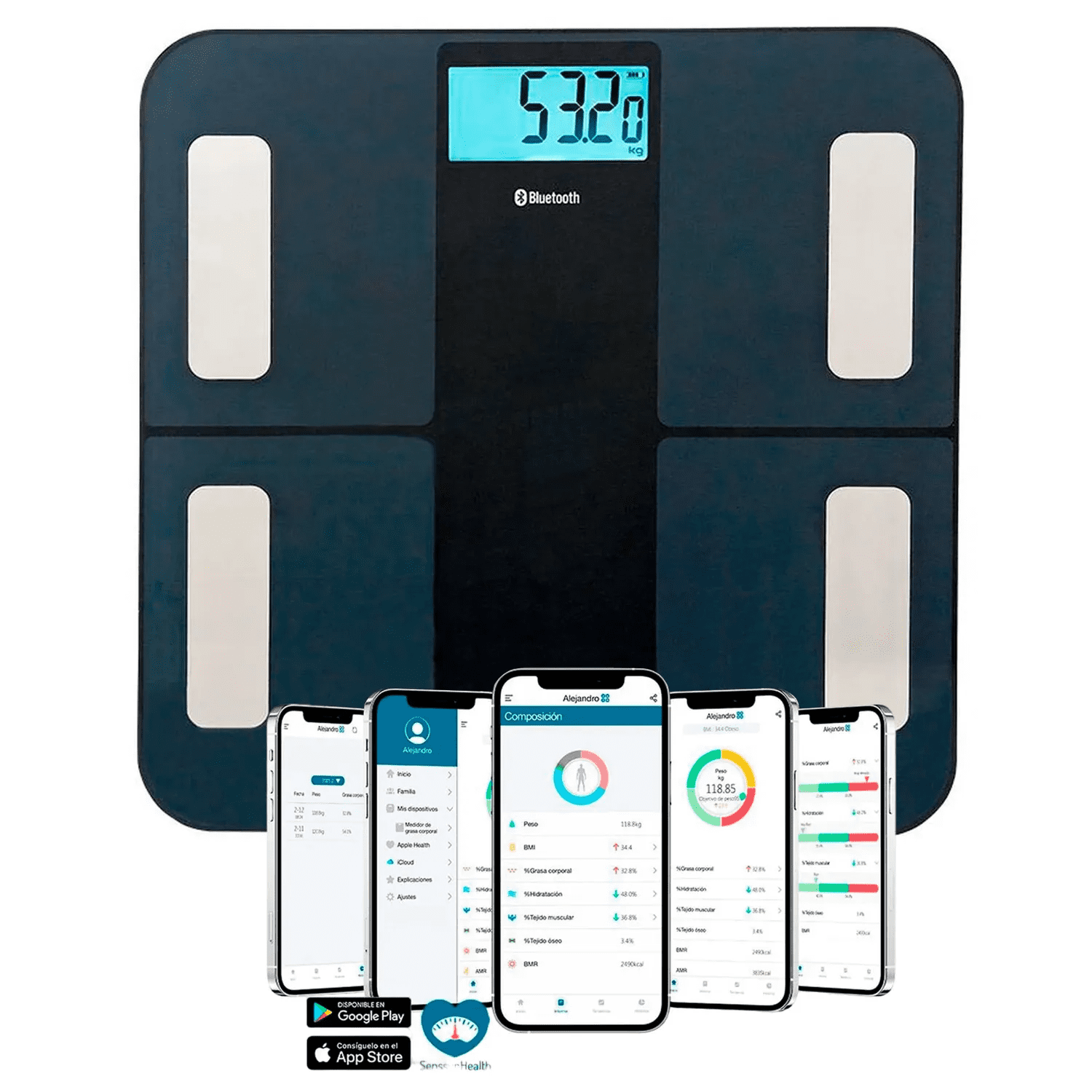 Senssun | Balanza Pesa Digital Inteligente Con Bioimpedancia | Bluetooth | Compatible Ios Y Android