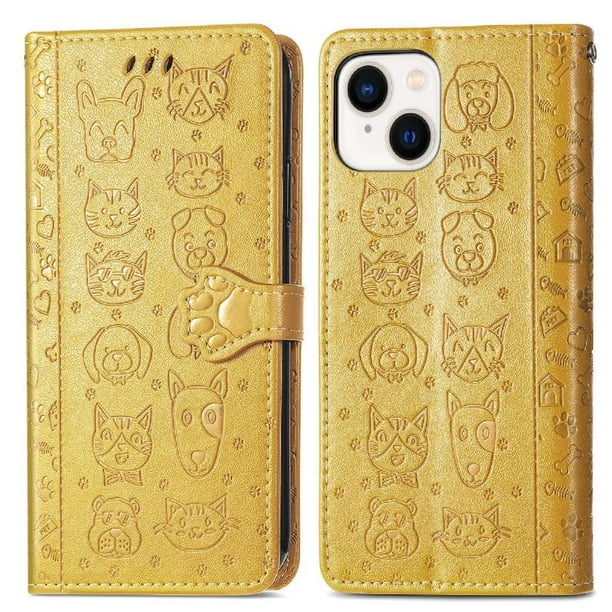 Funda Cartera FOXDOCK para iPhone 14 , Flip PU con Relieve de Gatos y Perros, Tarjetero y Soporte