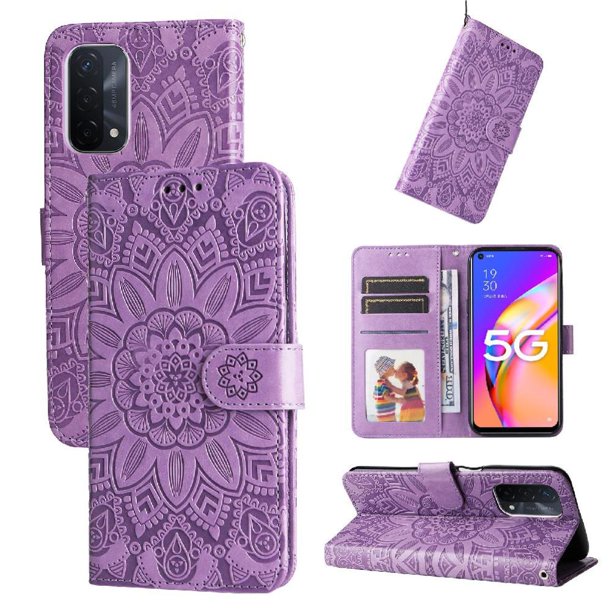 Funda tipo cartera FOXDOCK para OPPO A54 5G , diseño girasol en relieve, cuero PU, cierre magnético, soporte y tarjetero