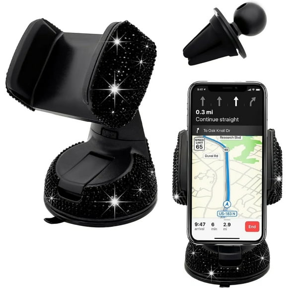 Soporte universal de cristal para teléfono de coche - Ajustable en 360 grados, seguro para el salpicadero, la rejilla de ventilación y el parabrisas - Compatible con todos los smartphones-Negro