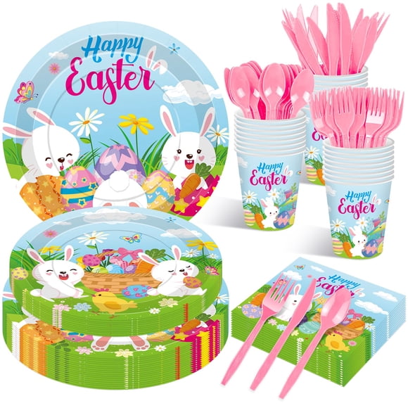 Juego de vajilla para fiesta de Pascua Jremreo de 175 piezas para 25 personas con conejo