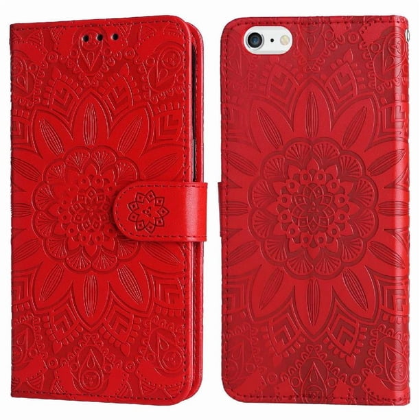 Funda tipo cartera FOXDOCK para iPhone 6/6s , diseño girasol en relieve, cuero PU, cierre magnético, soporte y tarjetero