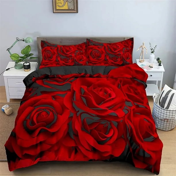 Floral Red Rose Romantic Flowers Valentine's Day Bedding Set Boys Girls Duvet Cover Pillowcase Bed Kids Adult Bed Sheets