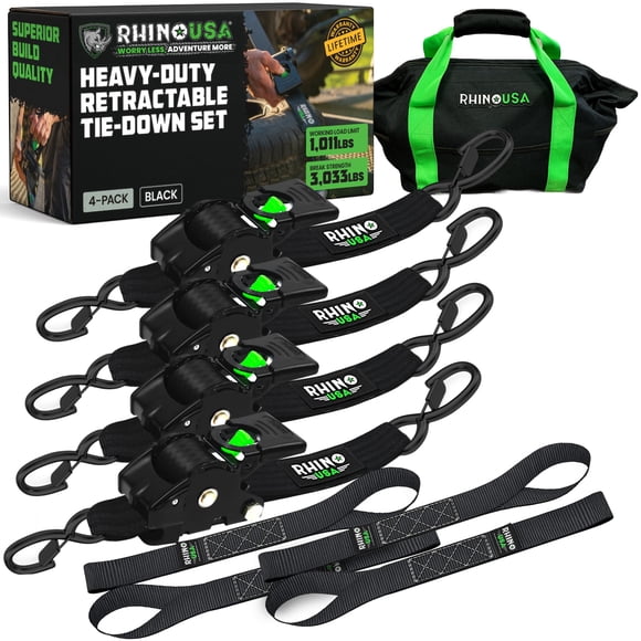 Trinquete retráctil Cargo Strap Rhino USA, 5 m, 3.033 libras, paquete de 4