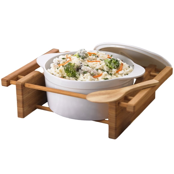 Fuente para hornear Creative Home de cerámica con soporte de bambú